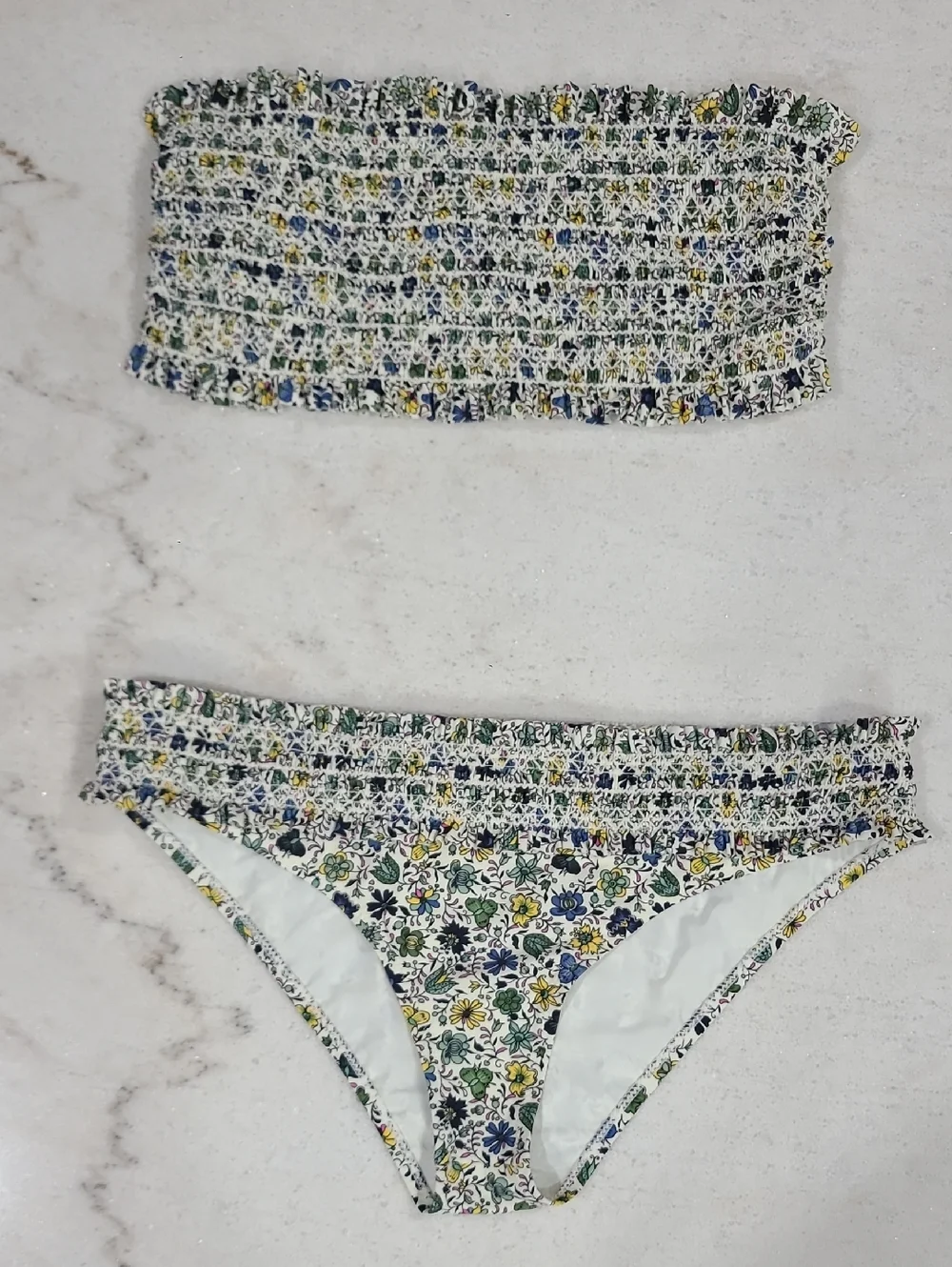 Tory Burch Smocked Floral Bikini Set - Yellow, Blue, Green